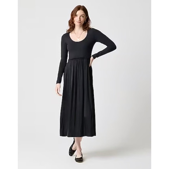 J. Crew Dresses & Skirts - NWT J Crew long sleeve black midi maxi dress cotton satin scoop neck mixed media